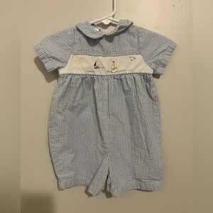 Blue Gingham Baby Shortall Sailboat Embroidery